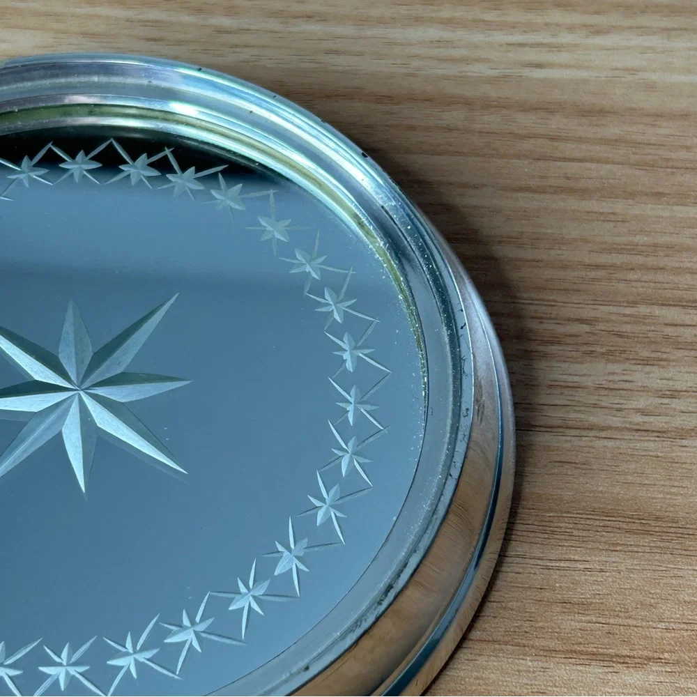 White Barn Co. Silver Star Burst Mirror Candle Wine Bottle Coaster Etched - Picture 3 of 13